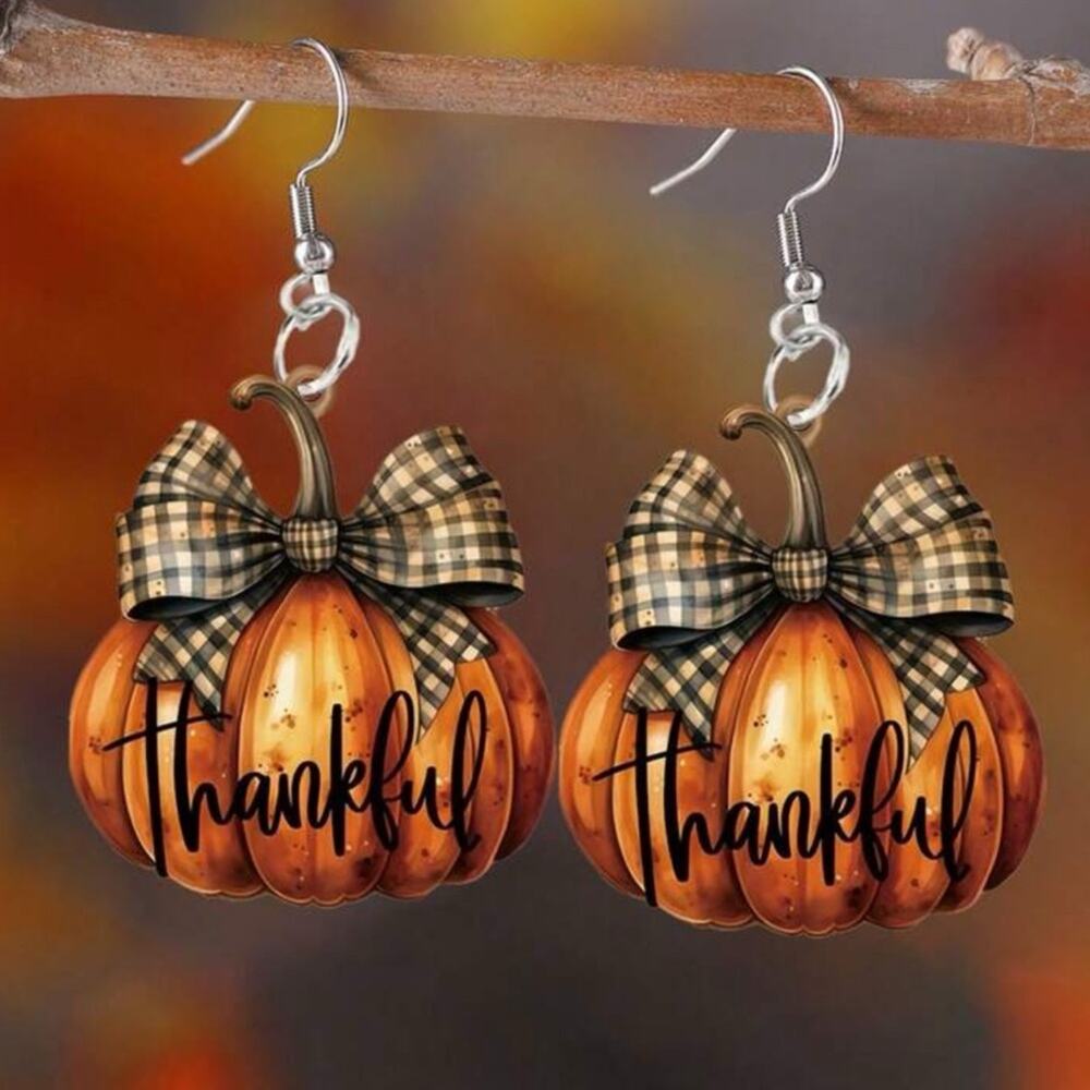 #24 Small Plaid Bow Orange Pumpkin Thanksgiving Thankful Dangle Earrings